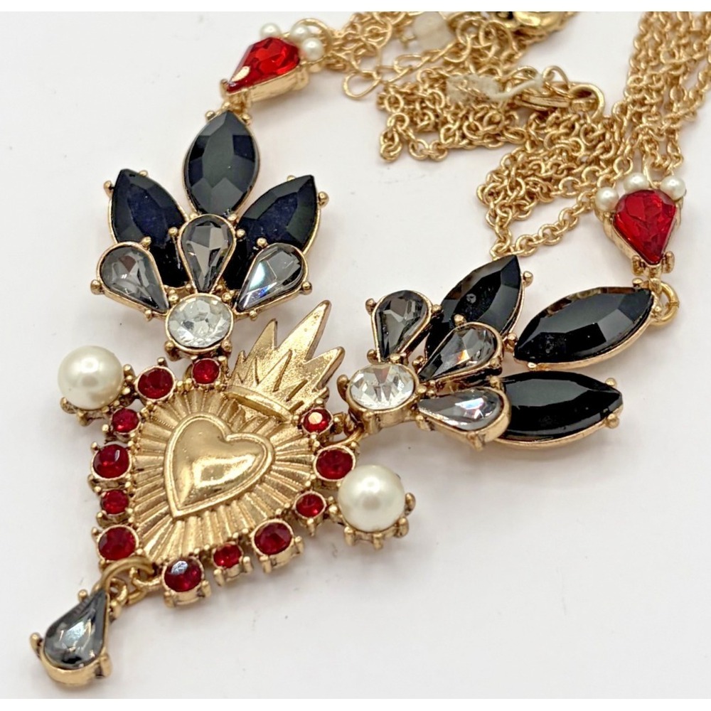 Betsey Johnson Gold Tone Gothic Crowned Winged Sacred Heart Pearl Necklace